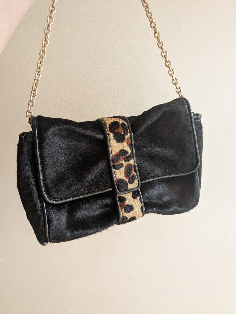 Talbot's Black and Leopard Print Calf Hair Purse with Gold Chain Strap